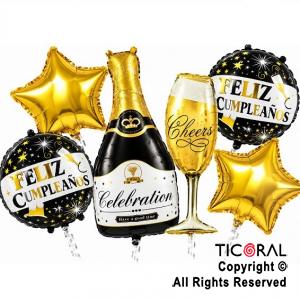 SET DE GLOBOS METALIZADO BOTELLA FELIZ CUMPLE CELEBRATION ORO 6 UNIDADES